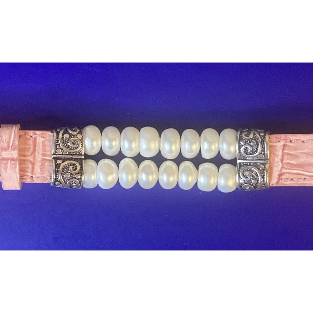 Honora Silver Pink Leather Cuff Bracelet White Freshwater Cultured Pearl